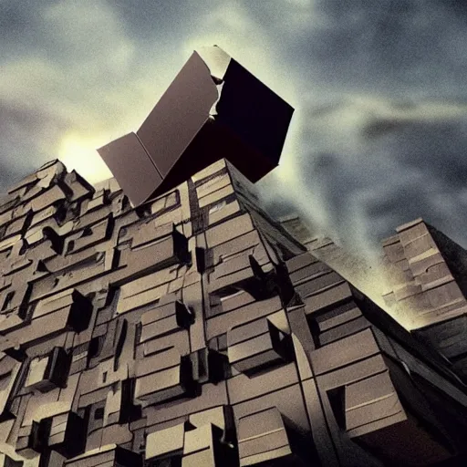 Prompt: an big default cube falling from the sky crush the high building cause big destruction, cinematic, movie still , Holywood quality, impactful ambient