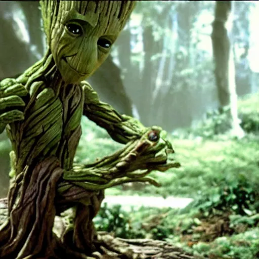 Image similar to Film still of Groot chilling out with Yoda, from Star Wars The Empire Strikes Back (1980)