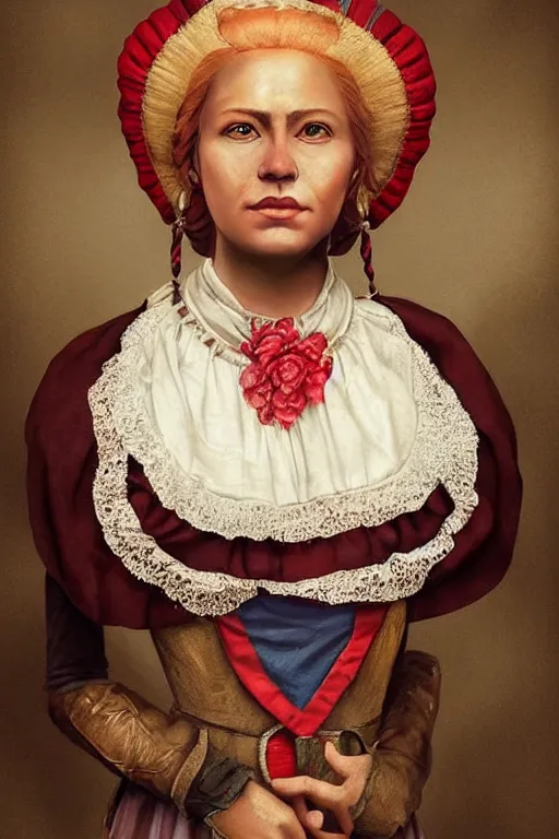 Prompt: portrait of a beautiful flamboyant proud colonial woman, trending on artstation, trending on deviantart, fine art, realistic, detailed, photorealistic, realism symmetrical