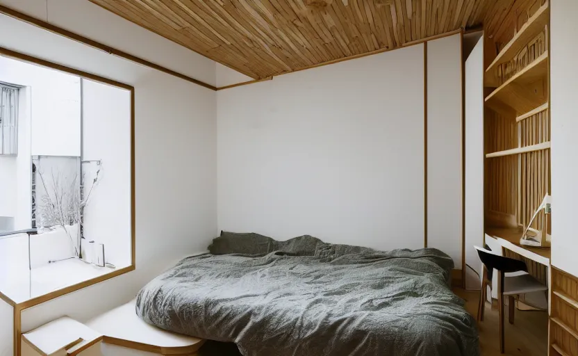 Image similar to interior of a small and compact minimalist bedroom in an apartment building, japanese style, bed, cupboards, bamboo wood, white, beige, bright, green wall, windows with a view of a green park, natural materials, modernist, swedish design, 8 k