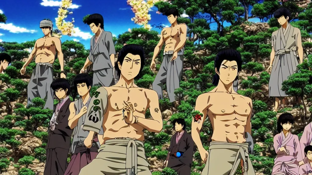 Image similar to yakuza war in the biblical garden of eden, anime film still from the an anime directed by katsuhiro otomo with art direction by salvador dali, wide lens