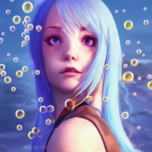 Image similar to ilya kuvshinov with long sky blue hair, gold eyes, professional digital painting, concept art, unreal engine 5, 8 k, cinematic, wlop, bubbles, tendrils in the background, art by greg rutkowski, pixiv art, junji ito, yoshitaka amano