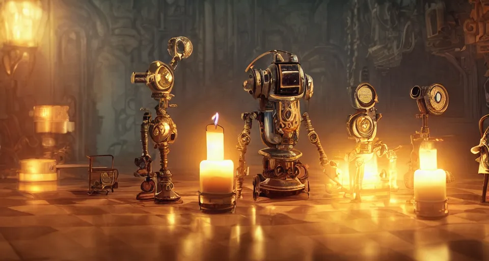 Image similar to a beautiful tapestry, a small robot playing 3 d chess, ultra detailed, atmospheric lighting, steampunk, moody, candles, characters from machinarium, by don bluth, trending on artstation, octane render, 8 k, ultra realistic
