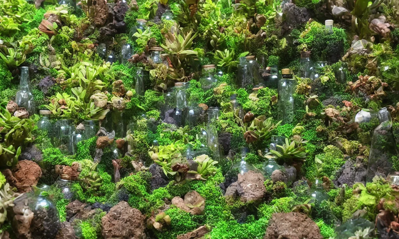 Image similar to terrarium worlds made of lush rainforests in mccartney bottles 8 k /