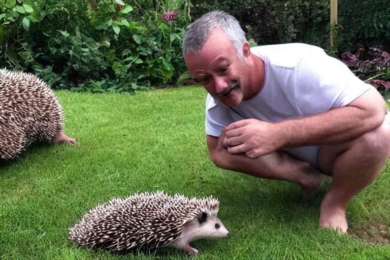 Prompt: a middle aged man in just his underwear discovering a hedgehog in his garden