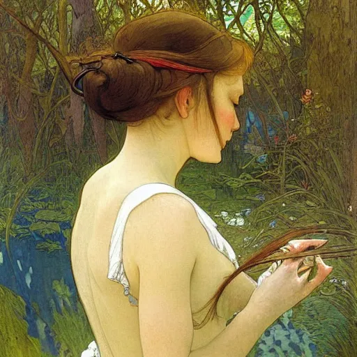 Image similar to a beautiful painting of the back view of a young lady washing her long hair by the river in a grown forest, sunlight reflected on the river, by Mucha