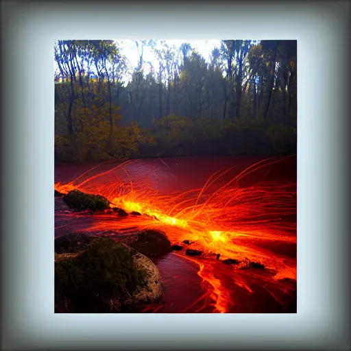 Prompt: a river runs here, a fiery river, from east to west, from west to north. over that river the fiery river drives the light. cinvat bridge of separation. light transports souls. award - winning, very trending, esoteric art, 2 k, 4 k, ue 5