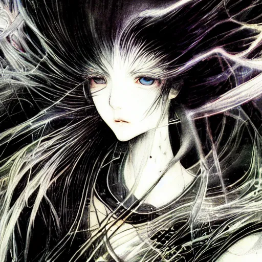 Image similar to yoshitaka amano blurred and dreamy illustration of an anime girl with black eyes, wavy white hair and cracks on her face wearing elden ring armour with the cape fluttering in the wind, abstract black and white patterns on the background, noisy film grain effect, highly detailed, renaissance oil painting, weird portrait angle