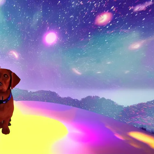 Image similar to render of dog at night, cosmic dog, galaxy coloured dog, rendered in unreal engine, artstation, colourful