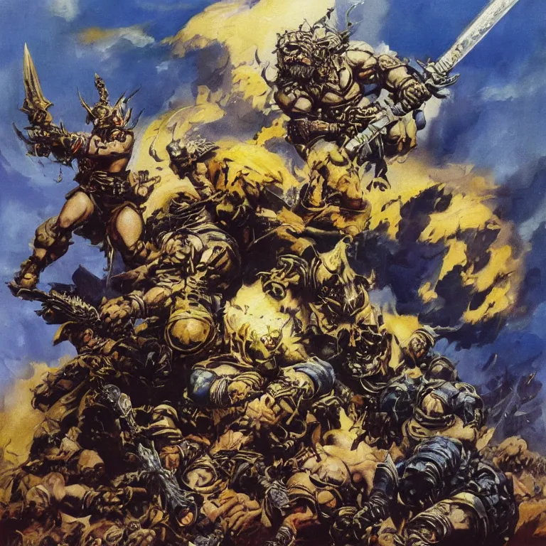 Image similar to a beautiful painting in the style of frank frazetta of a warhammer 4 0, 0 0 0 ultramarine holding a chainsword on top of a pile of dead ork greenskins