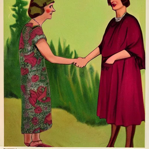 Image similar to a extreme long medium full shot, german and eastern european mixture kodachrome slide depicting a queen with tan skin, short, rippling dark cinnamon hair, and emerald coloured eyes, having a meeting with the prime minister. she is depicted in a vintage historical fantasy 1 9 3 2 life magazine photograph wearing a pink dress with floral patterns and green jewelry.