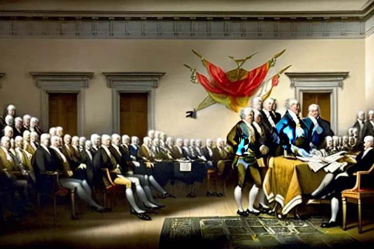 Image similar to john trumbull's famous painting of the signing of the declaration of independence. at least half of the men are clearly vampires, taller and with black hair and black and red capes.