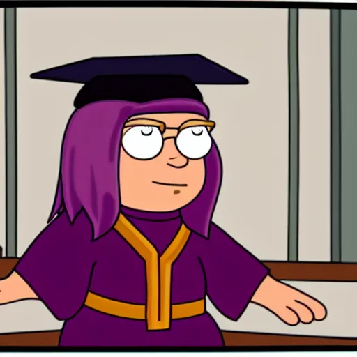 Image similar to Meg Griffin from Family Guy graduating college, animated in the style of Family Guy (1999)