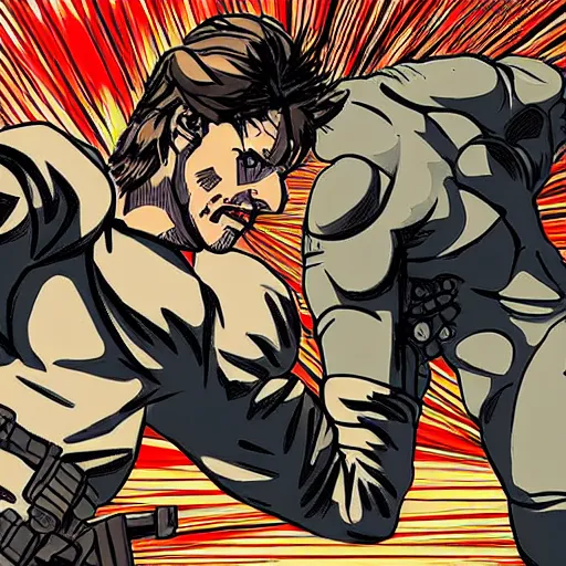 Prompt: solid snake fighting metal gear, soviet progaganda style