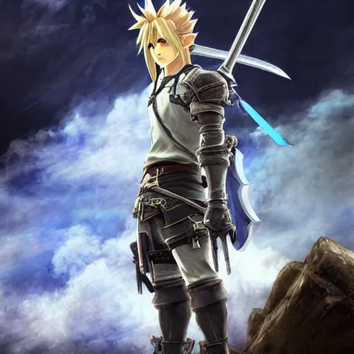 Prompt: cloud strife in the art style of breath of the wild and luis royo, grimdark dramatic lighting, digital art, intricate, highly detailed, matte painting, fine art