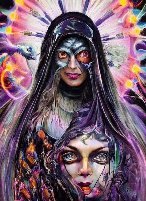 Prompt: gorgeous magic cult psychic woman smiling, third eye, energetic consciousness psychedelic, epic surrealism expressionism symbolism, story telling, iconic, dark robed, oil painting, symmetrical face, dark myth mythos, by Sandra Chevrier , H R Giger, masterpiece cinematic composition, dramatic pose, beautiful lighting, sharp, details, hyper-detailed