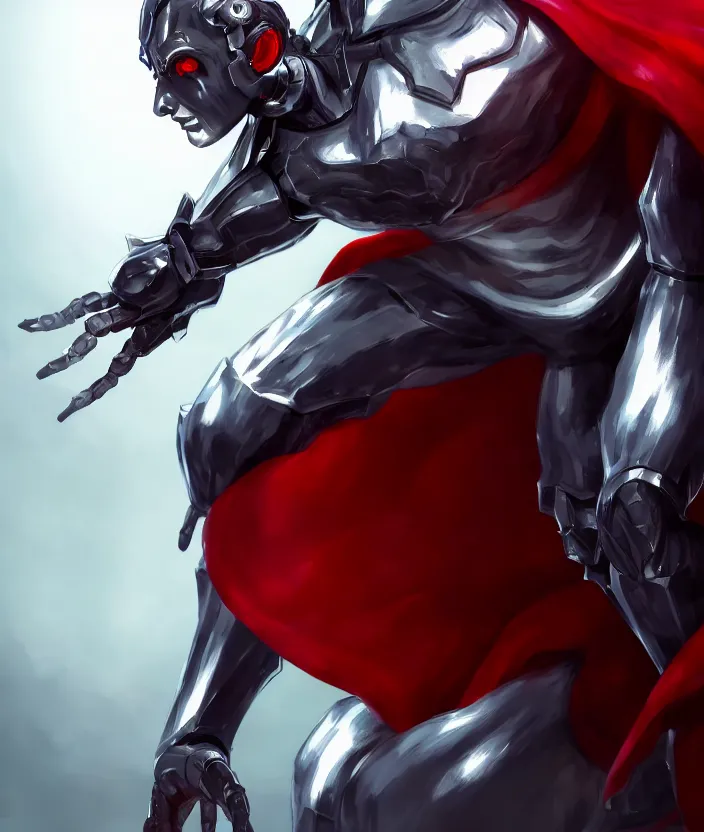 Prompt: a detailed manga character illustration of a dark haired silver cyborg man with a red cape, trending on artstation, digital art, 4 k resolution, detailed, octane render, high quality, sharp focus, hq artwork, insane detail, concept art, character concept, character illustration, full body illustration, cinematic, dramatic lighting