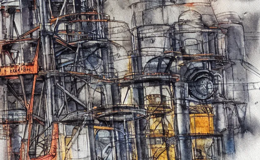 Prompt: Industrial complex Watercolor, highly detailded