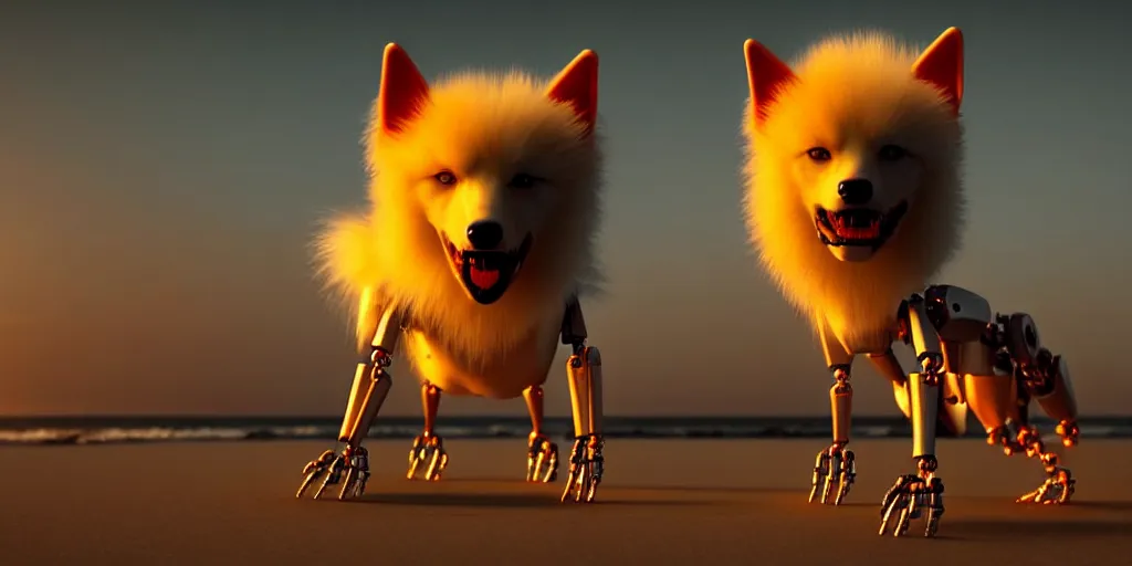 Image similar to a scary, evil, malevolent robotic canine appearance like a japanese spitz, robotic parts fused with the body and head, on a beach at sunset, this 4 k hd image is trending on artstation, featured on behance, well - rendered, extra crisp, features intricate detail and the style of unreal engine. golden hour