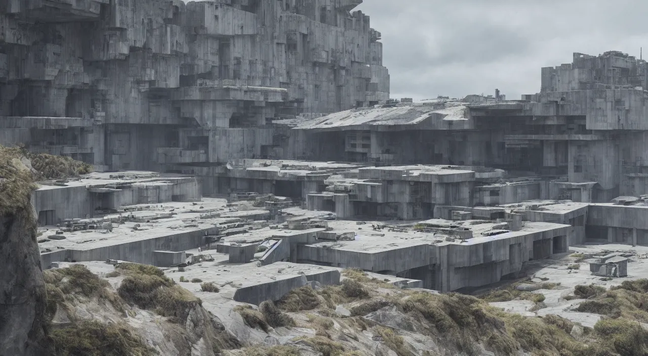 Prompt: big brutalist imperial military base on cliffs, drawing architecture, imperial architecture in rogue one, pritzker architecture prize, brutalism architecture, jan urschel