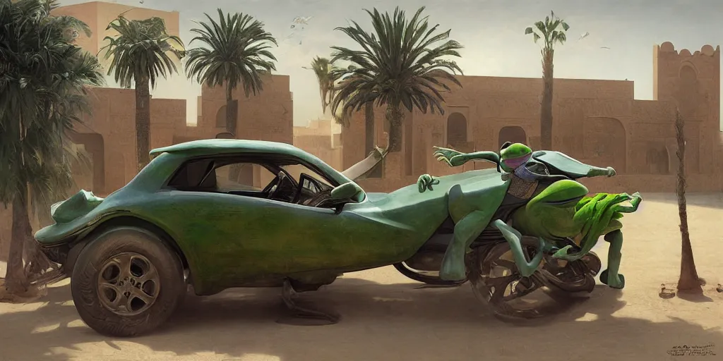 Image similar to kermit driving a car, wlop, moroccan city, moroccan mosque, palm trees, redneck country, style in digital painting, concept art, smooth illustration, by ruan jia and mandy jurgens and william - adolphe bouguereau, artgerm
