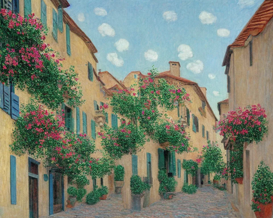 Image similar to a quaint, narrow italian street with cobblestones and flower baskets by hopper and monet