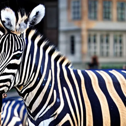 Prompt: zebra with sparkling make - up walking a catwalk in copenhagen