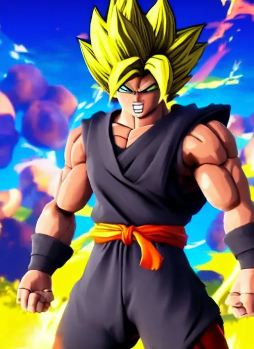 Image similar to game still of a sayan goku as a fortnite skin in fortnite by fortnite, pose.