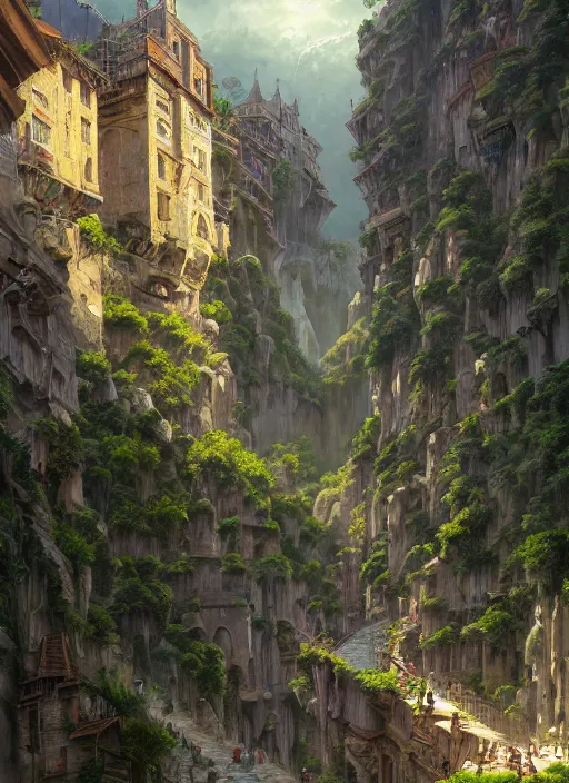 Image similar to medieval city built on terraces in a gigantic canyon, lots of buildings connected by suspension bridges, waterfalls, warm glow coming the ground, lush vegetation, pitchblack sky, extremly detailed digital painting, in the style andreas rocha and greg rutkowski and peter mohrbacher, rim light, beautiful lighting, 8 k, stunning scene, octane, trending on artstation