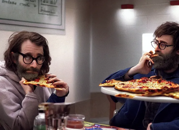 Prompt: charlie kaufman with a beard and glasses eating pizza at chuck - e - cheese, dramatic lighting, moody film cinematic still from eternal sunshine ( 2 0 1 8 ), 3 5 mm kodak color stock, 2 4 mm lens, directed by spike jonze