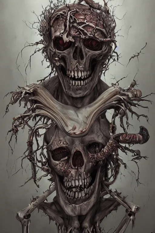 Image similar to Haunting horrifying detailed painting of a man fusing with a skeleton and fleshy growths on his face, sharp teeth and dead eyes without iris, hyper detailed, trending on Artstation