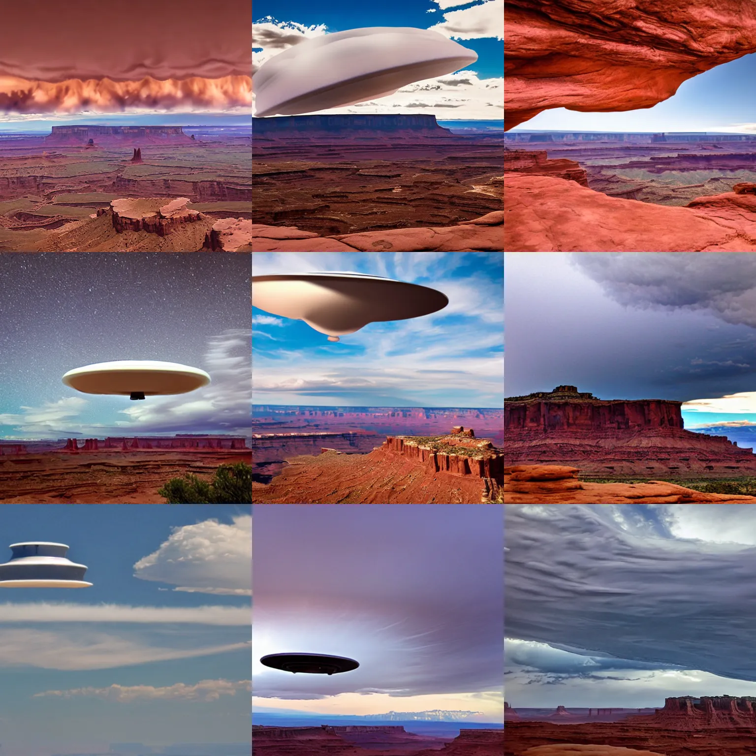 Prompt: a cloud shaped like a ufo over canyonlands