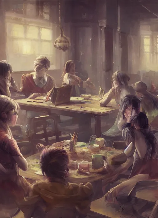 Image similar to painting of a group of people sitting at a table, a detailed painting by xie huan, cgsociety, fantasy art, creepypasta, dystopian art, 2 d game art