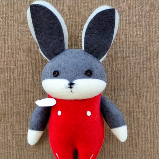 Image similar to a cute elegant felt plush doll of a rabbit wearing overalls