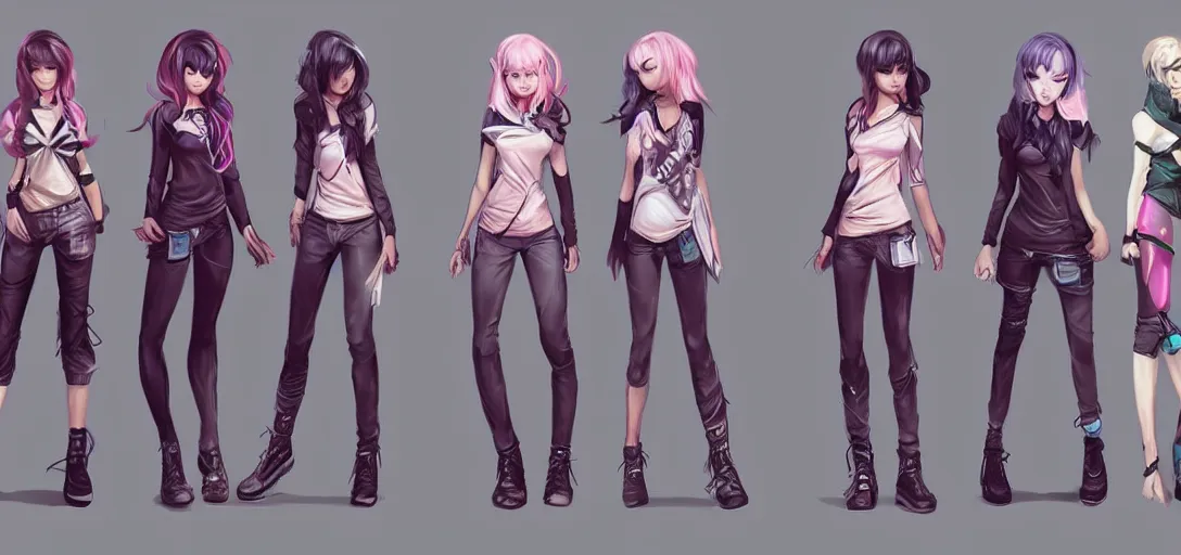 Prompt: character sheet concept art of female video game characters, unique hairstyles, cute casual streetwear, by marc brunet and artgerm