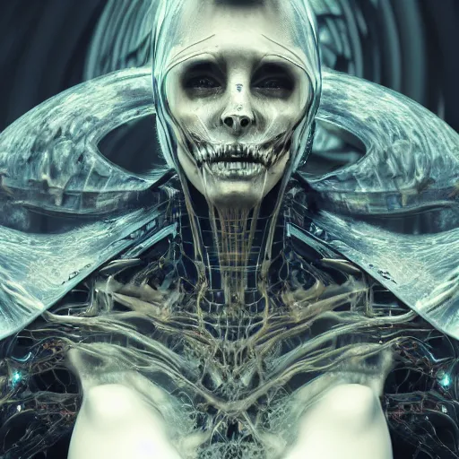 Image similar to machine elfs, abstract, decay, giger textures, ghostly figure, morphing skulls, bone and teeth with cosmic circuitry and futuristic technology rearranging body form, abstract, voodoo, ultra realistic, hyper realism, 1 2 k, epic, octane render, unreal engine, vfx, maya, alex grey