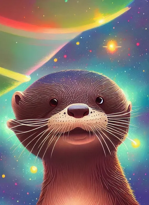 Prompt: a beautiful portrait of a cute otter swimming in outer space galaxy, detailed trending on artstation!, ( art by rhads ), ( art by miyazaki )