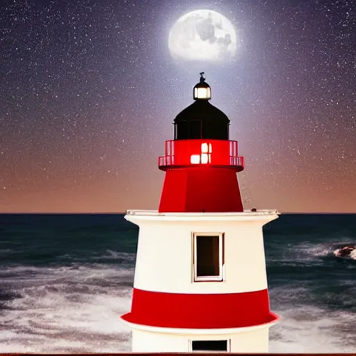 Image similar to A realistic photo of A red and white striped lighthouse shining out onto the sea; a white house with a red roof with the lights on inside; thin dark trees behind; nighttime with stars behind; full moon