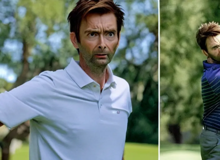 Image similar to promotional image of david tennant as a golfer, detailed face, movie still frame, promotional image, imax 70 mm footage