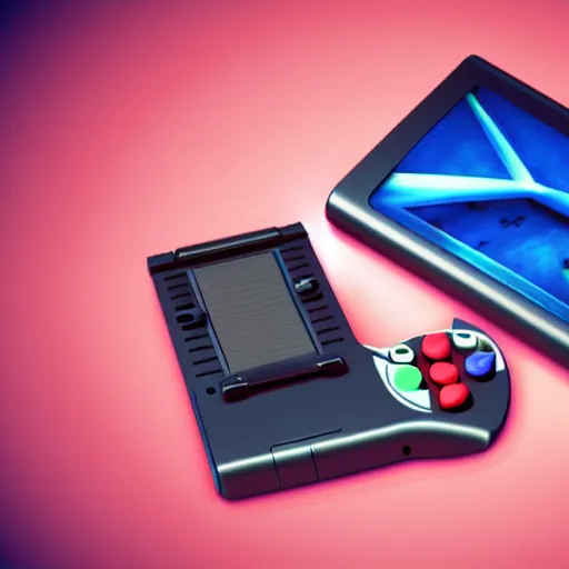 Image similar to futurist nintendo handheld console, 3 d concept, details, colored background