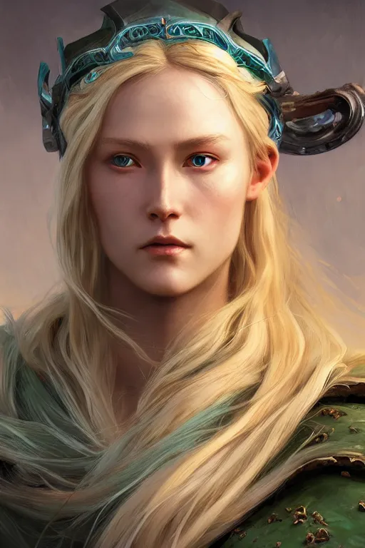 Image similar to ultra detailed beautiful female viking, blond long hair, green eyes, sharp bone structure, extremely detailed digital painting, in the style of fenghua zhong and ruan jia and jeremy lipking and peter mohrbacher, mystical colors, rim light, beautiful lighting, 8 k, stunning scene, raytracing, octane, trending on artstation