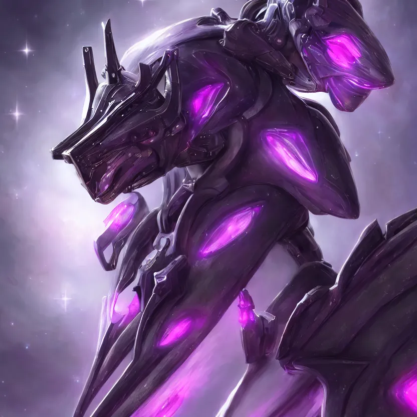 Image similar to cinematic bust shot, cosmic sized proportional stunning beautiful hot female warframe, detailed robot mecha female dragon head, metal ears purple eyes, sleek silver armor, fuschia skin, floating in empty space, nebula sized, posing elegantly, epic proportions, epic size, epic scale, furry art, dragon art, giantess art, warframe fanart, furaffinity, deviantart