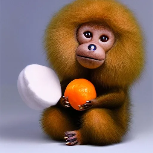 Prompt: hyper realistic cute fluffy Cheburashka with giant ears and big eyes holding a tangerine, by Edward Hopper and James Gilleard, Zdzislaw Beksisnski, higly detailed