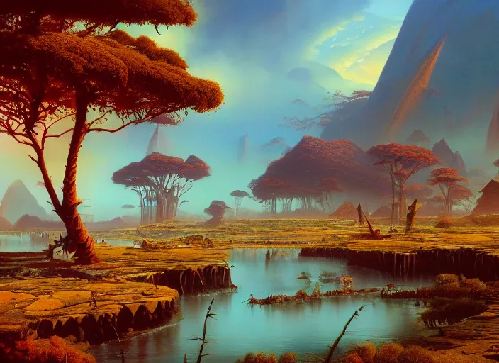 Image similar to The ash lands of Morrowind by Bruce Pennington, fantasy landscape, oil painting, 8k, featured on artstation, elegant, intricate