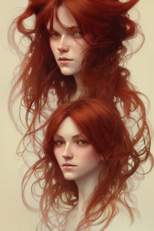 Image similar to A full portrait of Nordic female, brown red long hair, intricate, elegant, highly detailed, digital painting, artstation, concept art, smooth, sharp focus, illustration, art by Krenz Cushart and Artem Demura and alphonse mucha