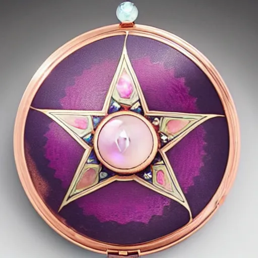 Prompt: a photo of the lid of a vintage circular powder compact with a 14k rose gold inlaid pentagram that has a different colored gem stone at each point, translucent pink basse-taille enamel over guilloché turned engraving and a large, round cabochon in the middle encircled by a sterling silver crescent moon inlay. Tiffany & Co.