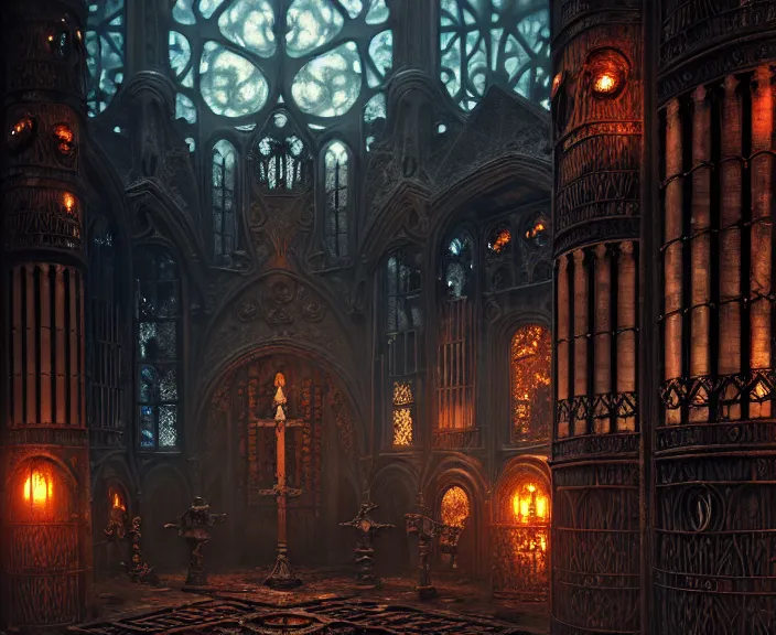 Image similar to steam necropolis, memento mori, gothic, neo - gothic, art nouveau, hyperdetailed copper patina medieval icon, stefan morrell, philippe druillet, ralph mcquarrie, concept art, steampunk, unreal engine, detailed intricate environment, octane render, moody atmospherics, volumetric lighting, ultrasharp, ominous, otherworldly