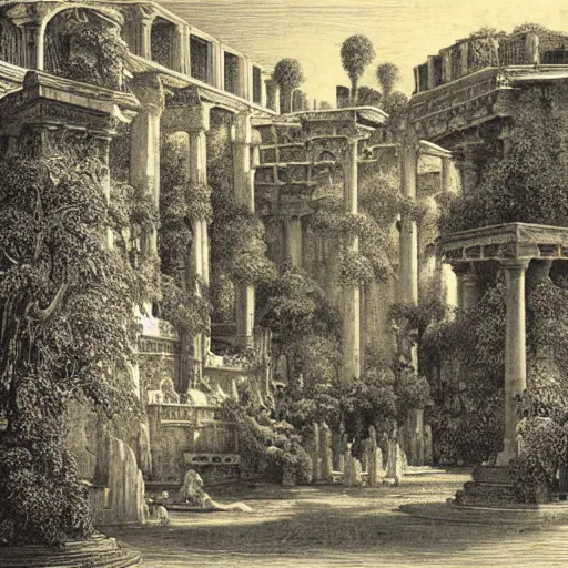 Image similar to the hanging gardens of babylon, gustave dore lithography