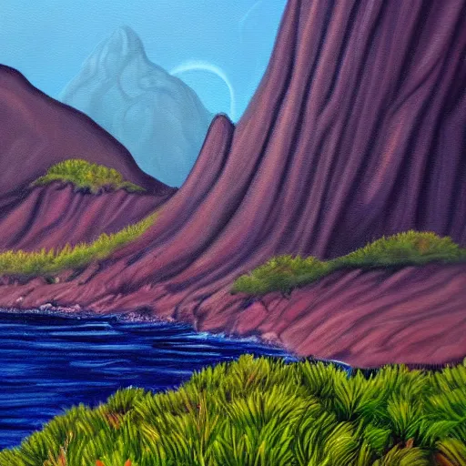 Prompt: painting of a lush natural scene on an alien planet by april m. rimpo. beautiful landscape. weird vegetation. cliffs and water.