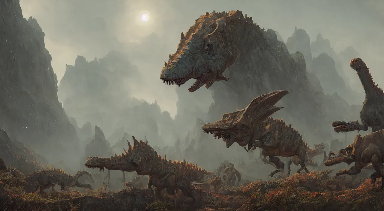 Image similar to technicolor dinosaurs, glowing with magic, surrounded by slate grey walls, matte painting, fantasy art, concept art, greg rutkowski, james gurney, johannes voss, hasui kawase.